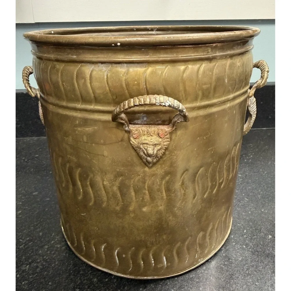 Vtg Brass Cachepot Jardiniere 4 Lion Elephant Head Ring Handles Planter 9